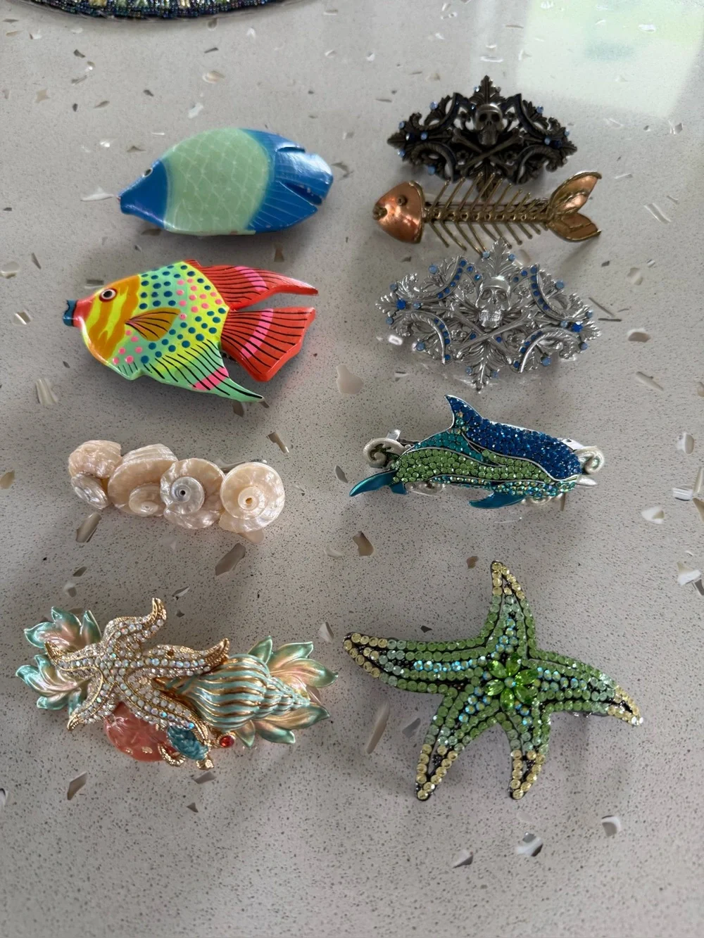 Colorful Ocean Fish, Dolphin, Seashell Starfish, Bonefish, Skull Hair Clips